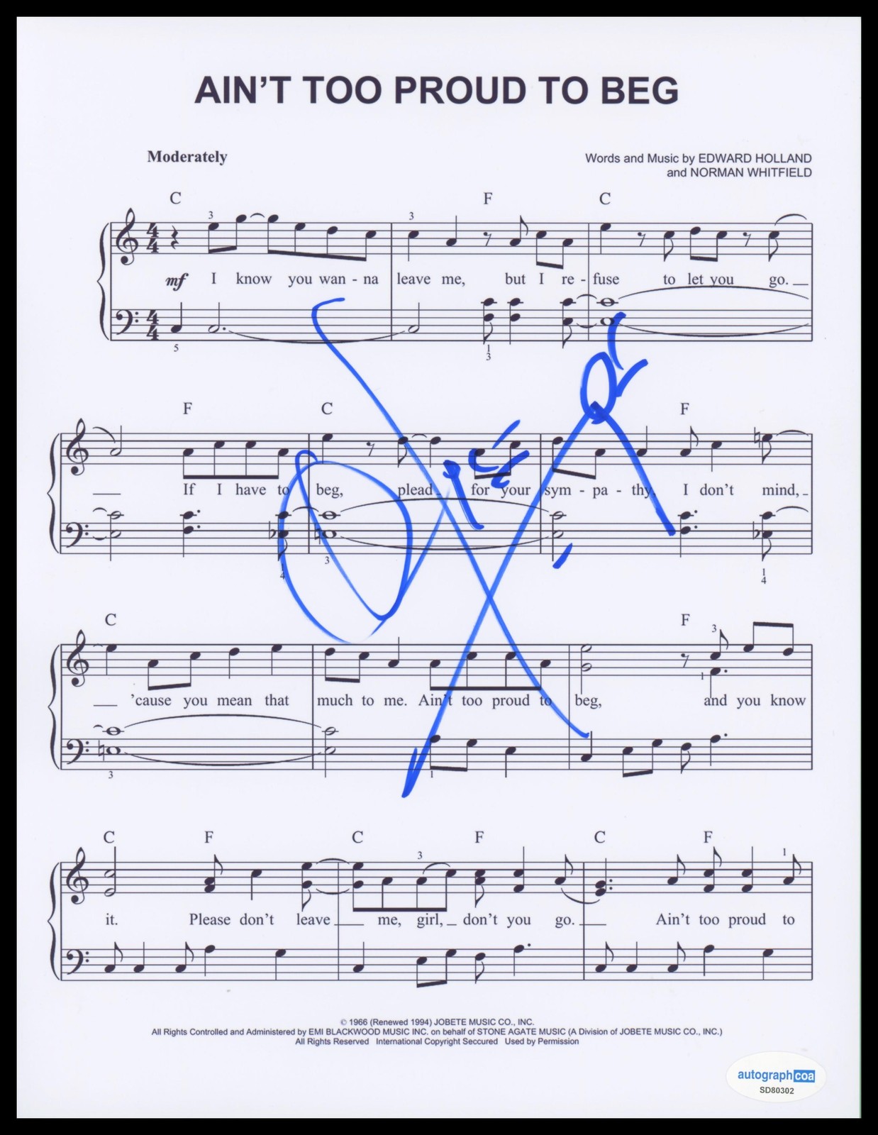 Otis Williams "The Temptations" SIGNED 'Ain't Too Proud to Beg' Sheet Music ACOA