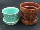 McCOY Pottery Teal LEAF & BERRY Flower Pot & Brown Basket Weave Planter 2pc Set