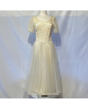 VTG HANDMADE 50s? FAIRYCORE LACE SATIN TULLE BUTTON BACK ANGEL PRINCESS DRESS M 