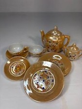 Vtg Child's Tea Set Peach Lusterware Items, Japan, Atomic Pattern, Exclnt Cond.