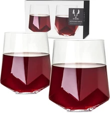 Viski Raye Faceted Crystal Wine Glasses Set of 2, No-Lead Premium Crystal Clear