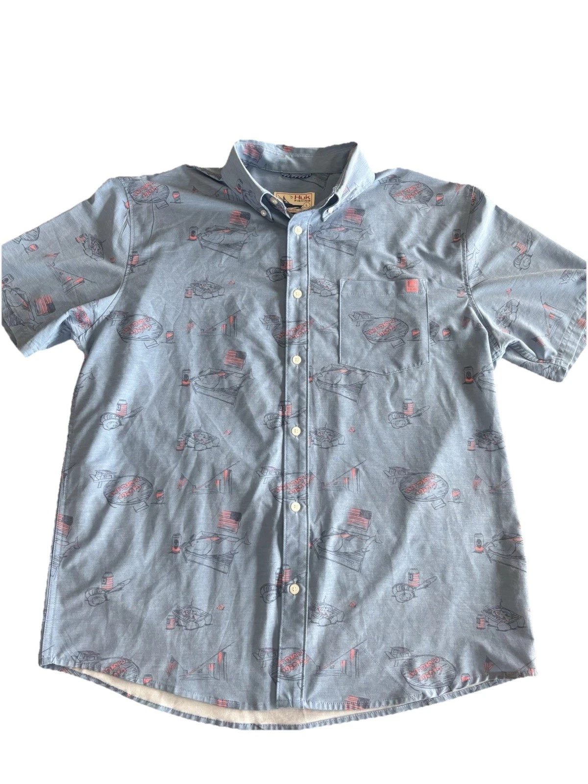 Huk Men's Large Blue Short Sleeve Fishing Shirt Button-Up Patriotic USA Flag