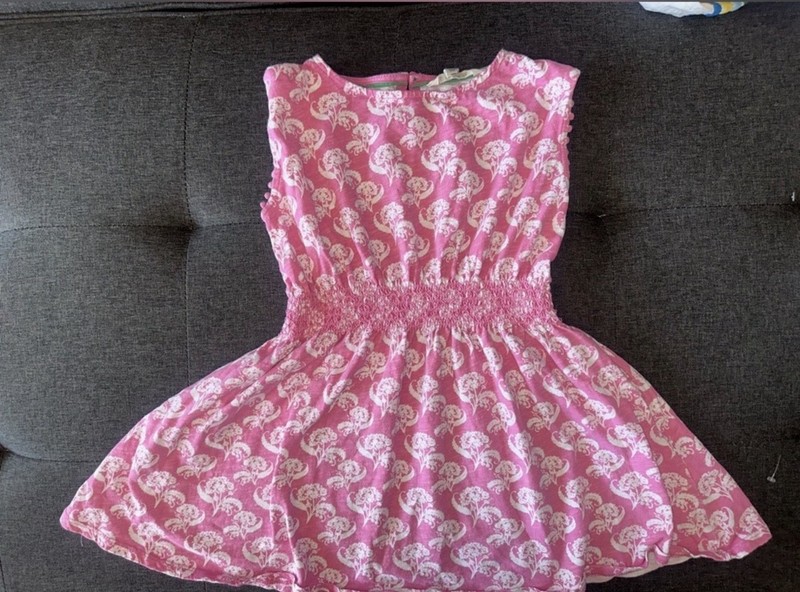 Mini Boden Pink Floral Fit And Flare Cotton Smocked Waist Dress Size 7-8Y