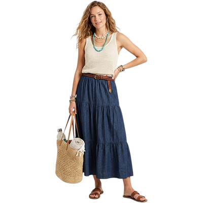 Tiered Denim Maxi Skirt M Full Blue Jean Western Coastal Cowgirl Prairie Boho