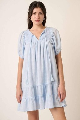Mittoshop 100% Cotton Gauze Blue Plaid Drawstring Puff Ruffle Tiered Mini Dress