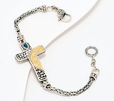Artisan Crafted Byzantine Cross & Swiss Blue Topaz Gem Sterling & 18K Bracelet