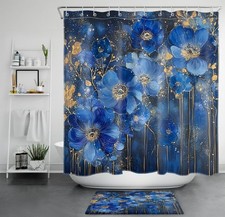 Watercolor Plant Gold Leaves Blue Floral Shower Curtain Set for Bathroom Decor