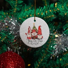 Joy to the World Ceramic Christmas Ornament - Sweet Xmas Tree Gnome Keepsake