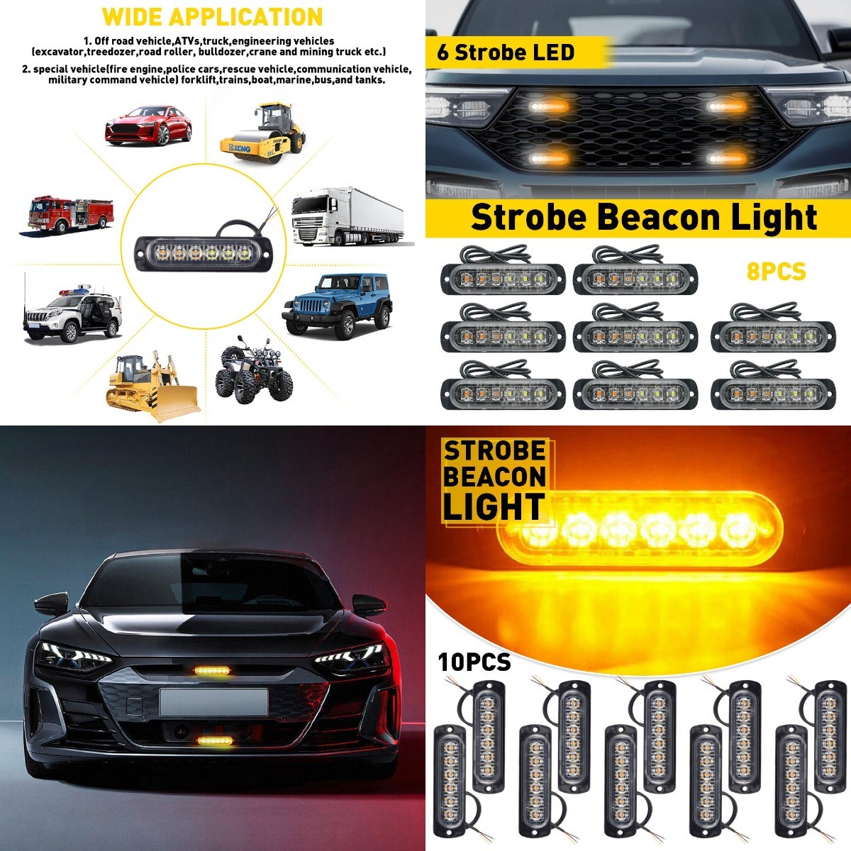 6-LED Amber/White Truck Beacon Strobe Light Hazard Warning Kit - 8PCS