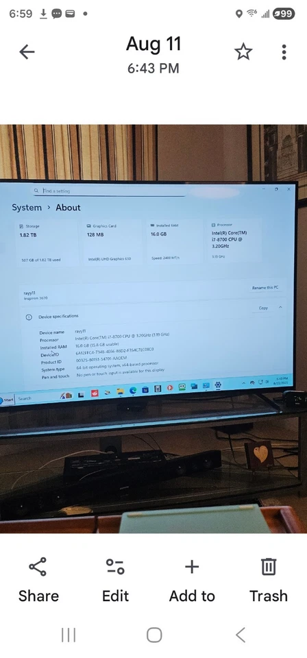 Dell Inspiron 3670 MT Intel i7-8700 3.20GHz - Image 2 of 4