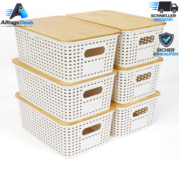 Aufbewahrungsbox Kunststoff Mit Bambus Deckel 25,6X18X10,7Cm 6 StüCk Weiß-image