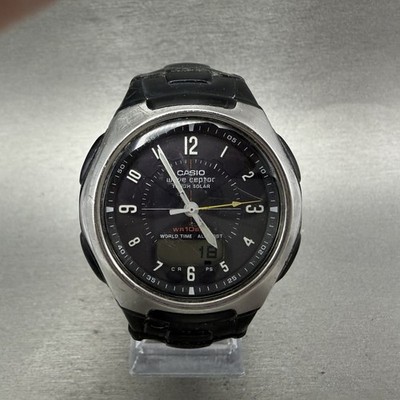 Casio Wave Ceptor Watch Men 43mm Black Dial Silver Tone Analog
