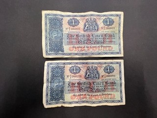 British Linen Bank £1 Pound Vintage Banknote Set (2) LOT: 0111 021
