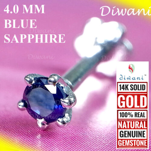 Bague piercing nez bleu saphir naturel 4,0 mm Labret Monroe vis or 14 carats - Photo 1/12