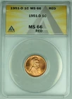 1951-D Lincoln Wheat Cent 1C Coin ANACS MS 66 RD (32) C