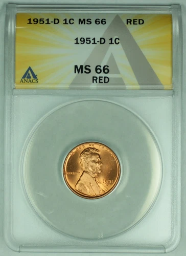 1951-D Lincoln Wheat Cent 1C Coin ANACS MS 66 RD (32) C