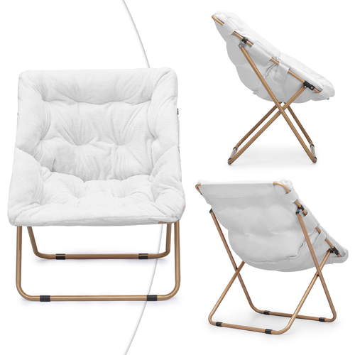 2-Piece Saucer Chair White Soft Faux Fur Oversized Seat w/Folding Footrest Stool - Picture 8 of 12