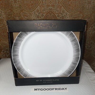 RACHEL ZOE Golden Lines White Disposable Round Dinner Plates Set of 12  NEW