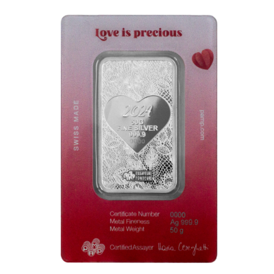 PAMP 50g ファインシルバー 希少のバラデザイン 2024 Pamp Love is Precious Heart Holographic 50 Gram Silver Bar
