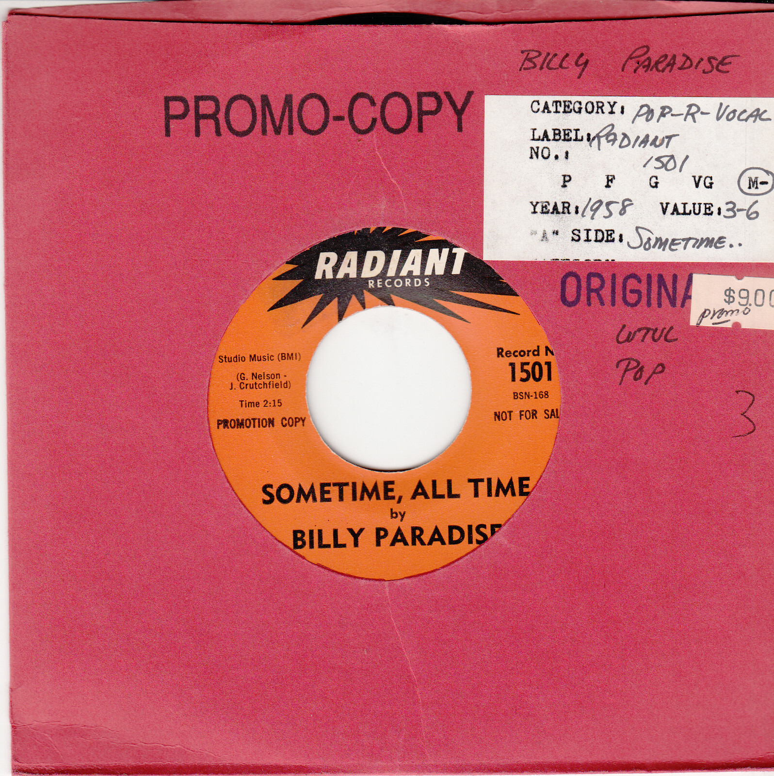 BILLY PARADISE *SOMETIME ALL TIME/A LONG VACATION* 1961 US PROMO ROCK DOO WOP NM