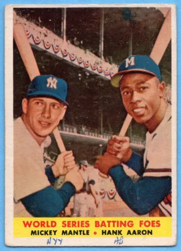 1958 Topps #418 Batting Foes GOOD+ CREASE MARKED Mickey Mantle Hank Aaron A5272