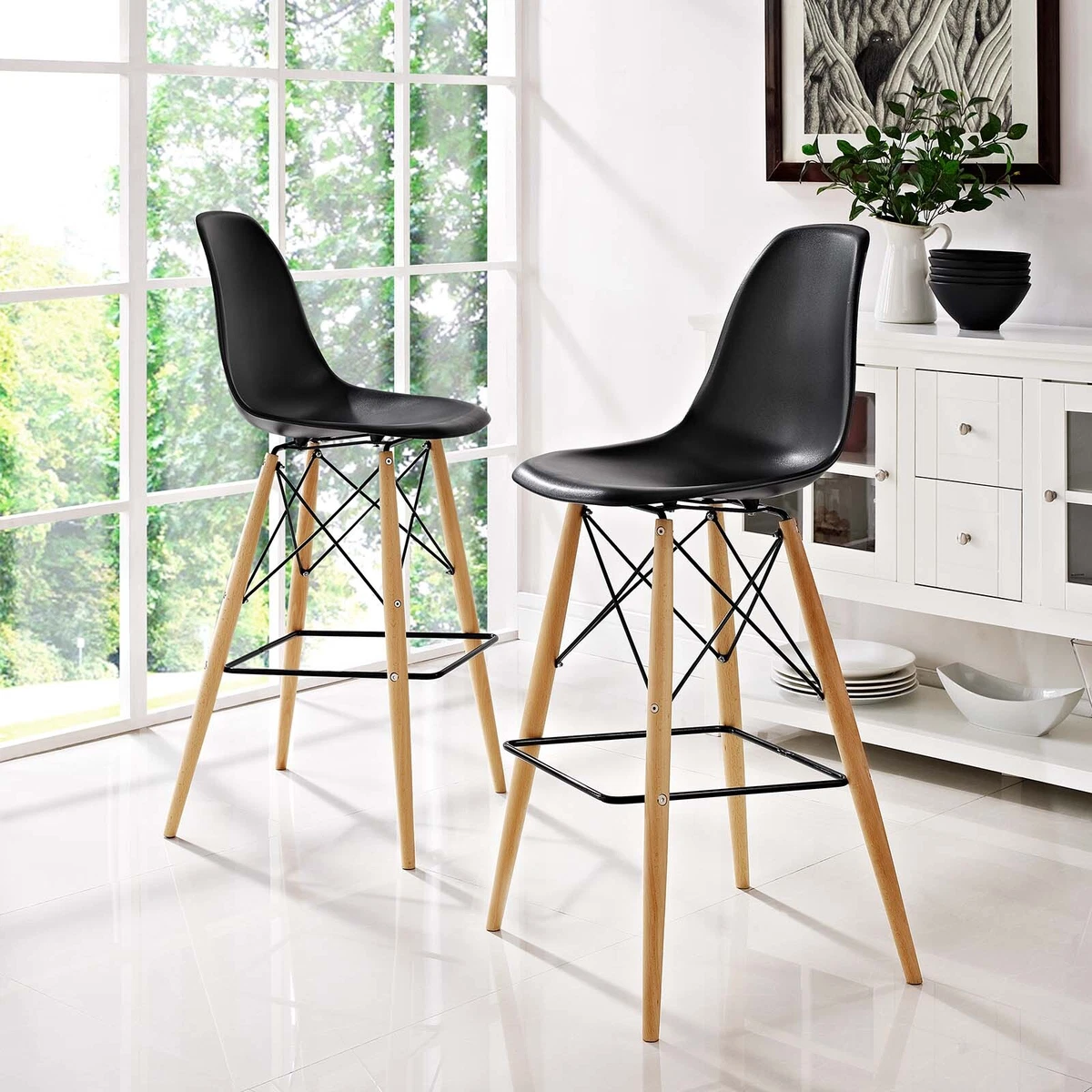 Modway Pyramid Mid Century Modern Two Bar Stools with Natural Wood