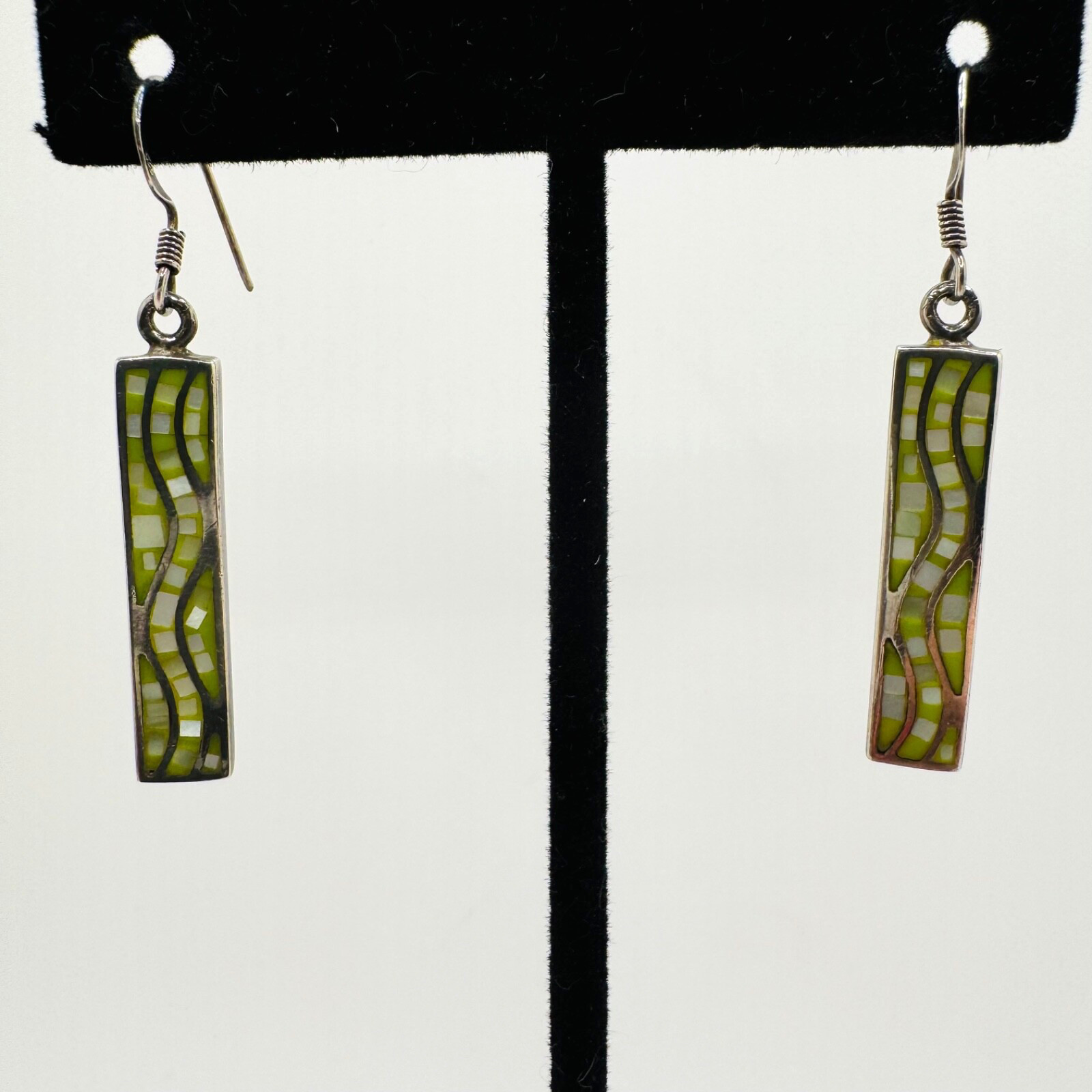 Mosaic Dangle Earrings Wavy Pattern White and Lig… - image 1