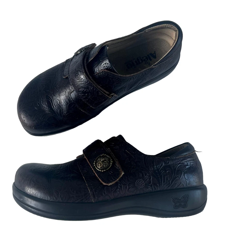 Zuecos cómodos de cuero ALEGRIA Mary Jane marrón floral cachemira talla 39 EU (8,5 EE. UU.) Foto 2 de 4