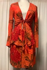 Cache Crepe Orange Red Floral 2 Pc Set Pencil Mini Skirt Tie Front Top 2P