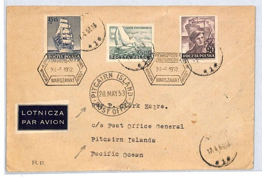 POLAND Ships 1952 FDC Flown *PITCAIRN ISLAND* DESTINATION Warsaw Air Mail XC109 - Image 3 of 4