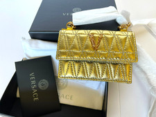 New Authentic Versace Virtus Quilted Metallic Leather Wallet-On-Chain