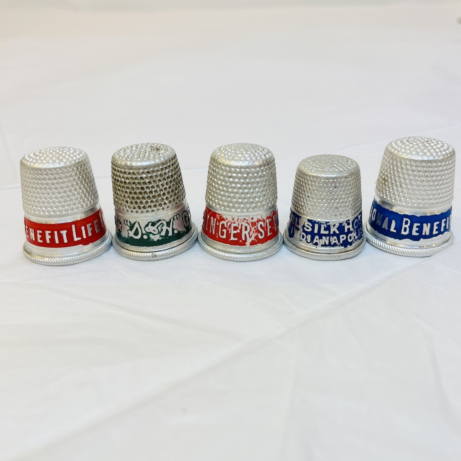 VTG Lot 8 Advertising Thimbles 5 Alum 3 Plastic Insurance Henrys Market