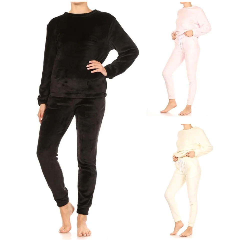 Womens Pajama Set Double Plush Faux Fur Long Sleeve Sweatshirt & Jogger Bottoms