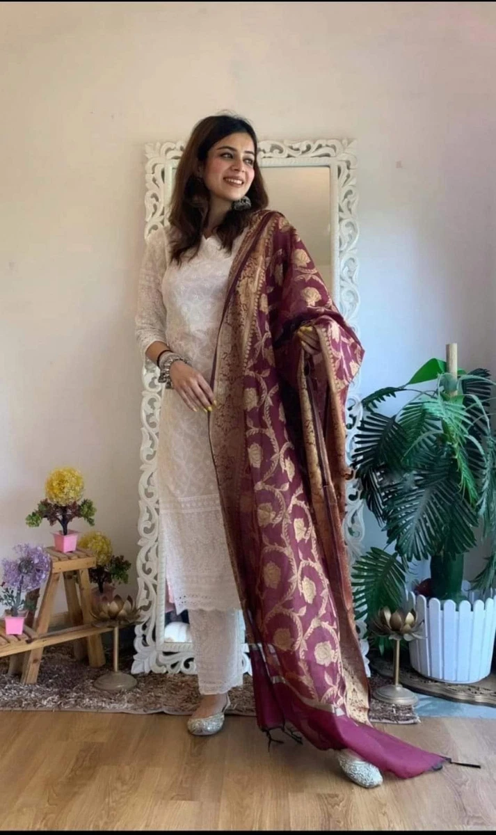 Beautiful White Sequence Chikankari Palazzo Kurta Set Embroidered