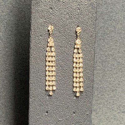 Retrp Dangle Pierced Earrings 2.25 In Triple Strand Rhinestone Shiny Silver Glam