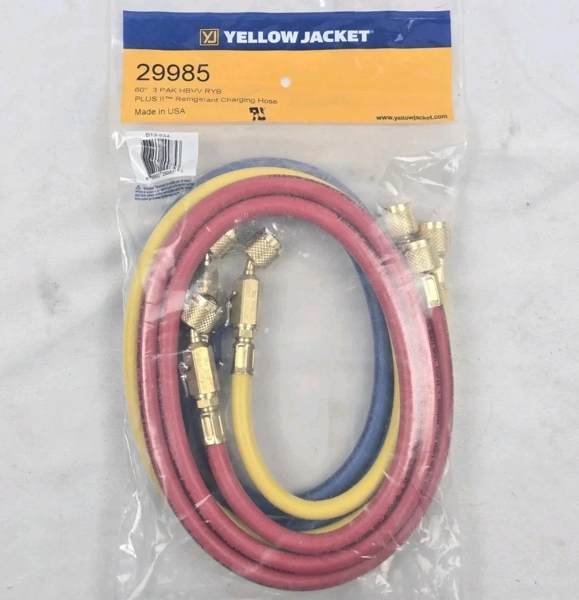 NEW Yellow Jacket 29985 60” Plus II 1/4” RYB 3-Pack Hoses w/ Ball Valve Ends
