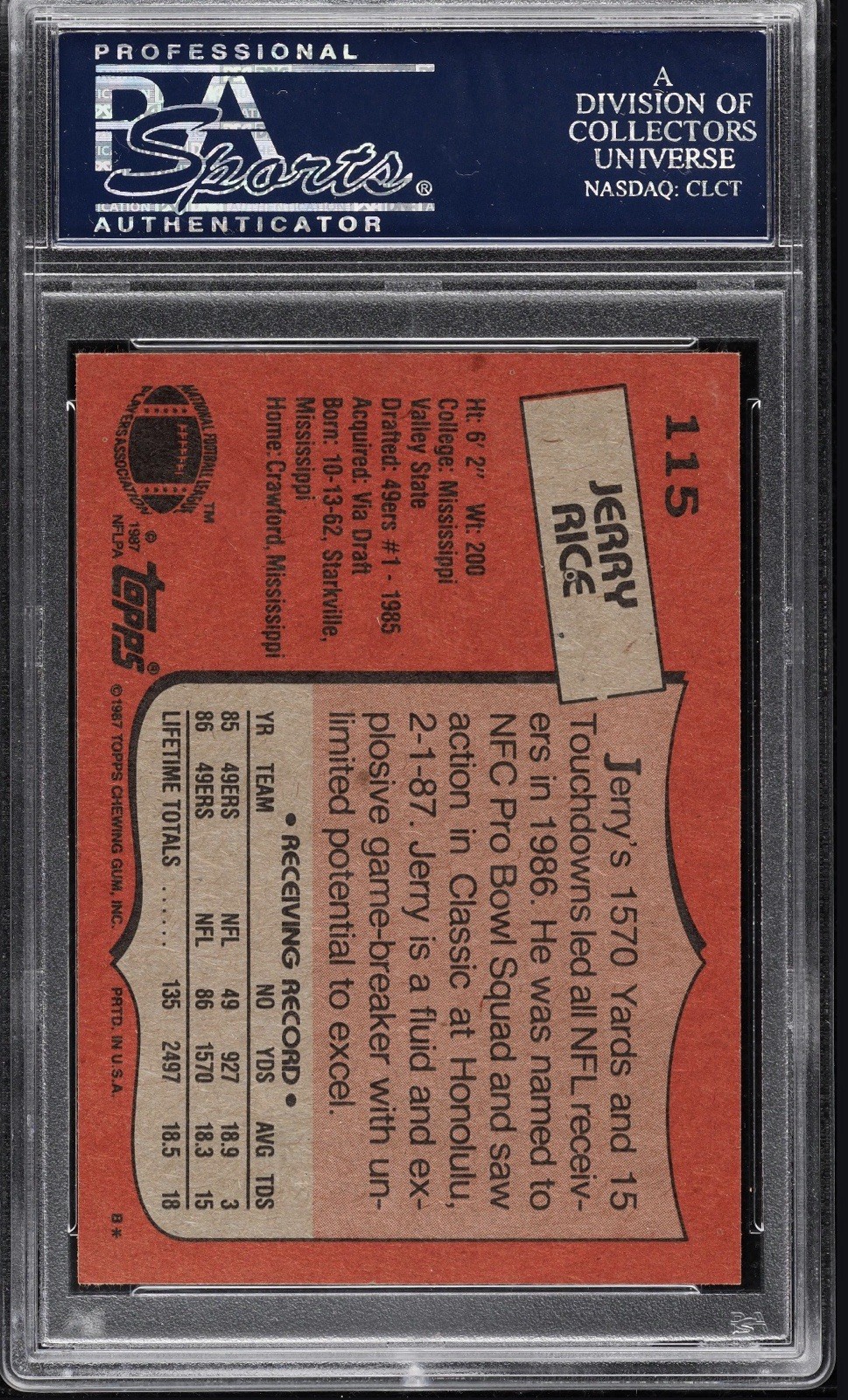 1987 TOPPS #115 JERRY RICE 49ERS HOF PSA 10 🔥 🔥 view 2