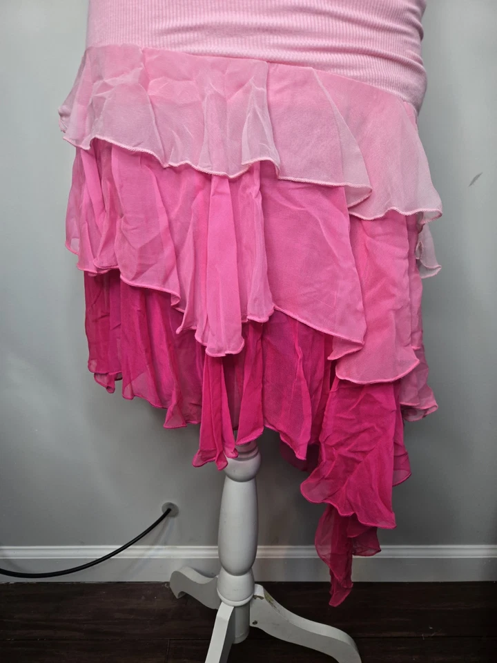 Mini Vestido Y2k Rosa Seda Bebe Fuera del Hombro Fairycore Volantes De Colección Med Foto 3 de 4