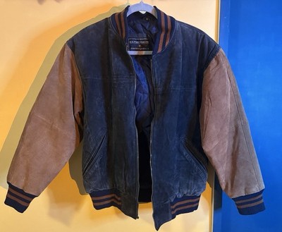 Expressions Blue Brown Bomber Jacket Men's Zip Striped Ribbed Lined Small