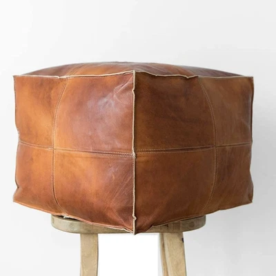 Pouf marocain en cuir de chèvre véritable 20" fait main vintage marron ottoman - Photo 1/4
