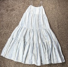 Madewell Women's White & Blue Stripe Linen Smocked Midi Sleeveless Dress Sz 8