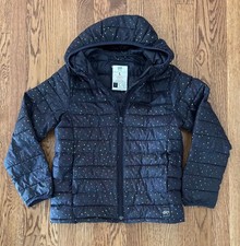 Gap Kids PRIMALOFT Girls Navy Blue Heart Print Hooded Puffer Jacket, Sz L 10