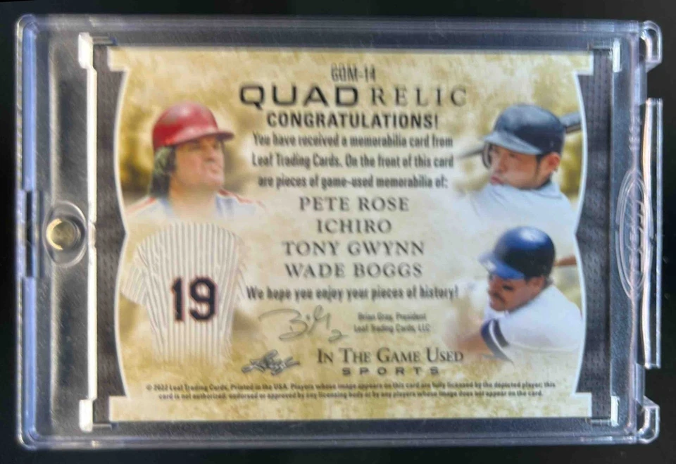 Parche cuádruple Leaf In The Game 2022 usado Pete Rose Ichiro Tony Gwynn Wade Boggs #/5 Foto 2 de 2