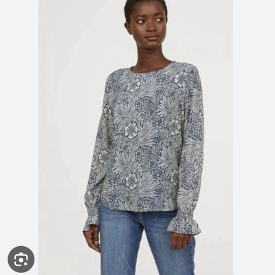 H&M X MORRIS & Co Blue Floral Print Long Sleeve Viscose Peasant Blouse Top Sz 6