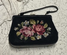 Vintage Tapestry Purse Pink Roses On Black Background