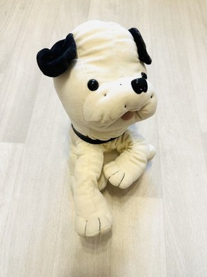 Vintage 1980er Herbert Kees weißer Hund Plüschtier Kuscheltier - schwarze Ohren & Halsband 12 Zoll