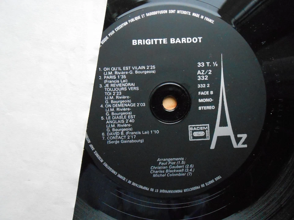BRIGITTE BARDOT " HARLEY DAVIDSON " LP 33 T AZ 3322 BON ETAT VOIR PHOTOS - Photo 3/3