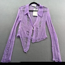 House of Sunny Sweater Sz 8 Spider Knit Shirt Sheer Lilac Distressed Button Up