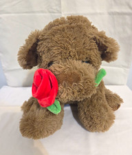 Brown Dog Plush Stuffed Animal Holding Red Rose, Soft, Small 6-14 in
