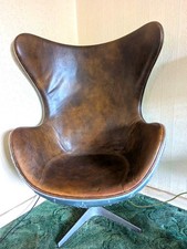 Retro Brown Leather Swivel Aviator Chair, with Riveted Metal Back & Silver Base